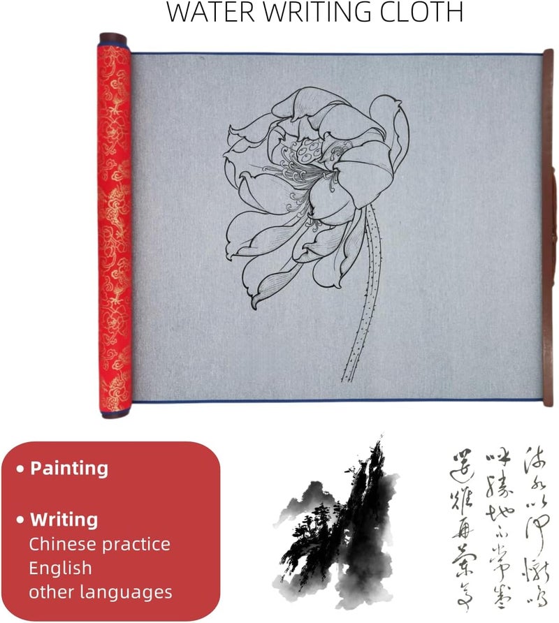 Ellkee 5 Items Reusable Water Writing Cloth with 4 Brush Pens, Magic Water Writing Paper Set for Calligraphy/Writing/Paint, No ink need Practice Cloth for Beginners (Red) - Image 2